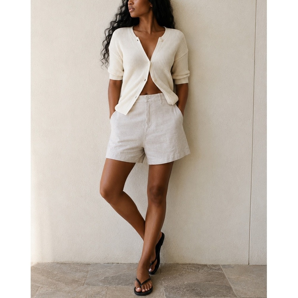 Tahari Essentials 100% Linen Bermuda Shorts Large Beige Pull On High Rise